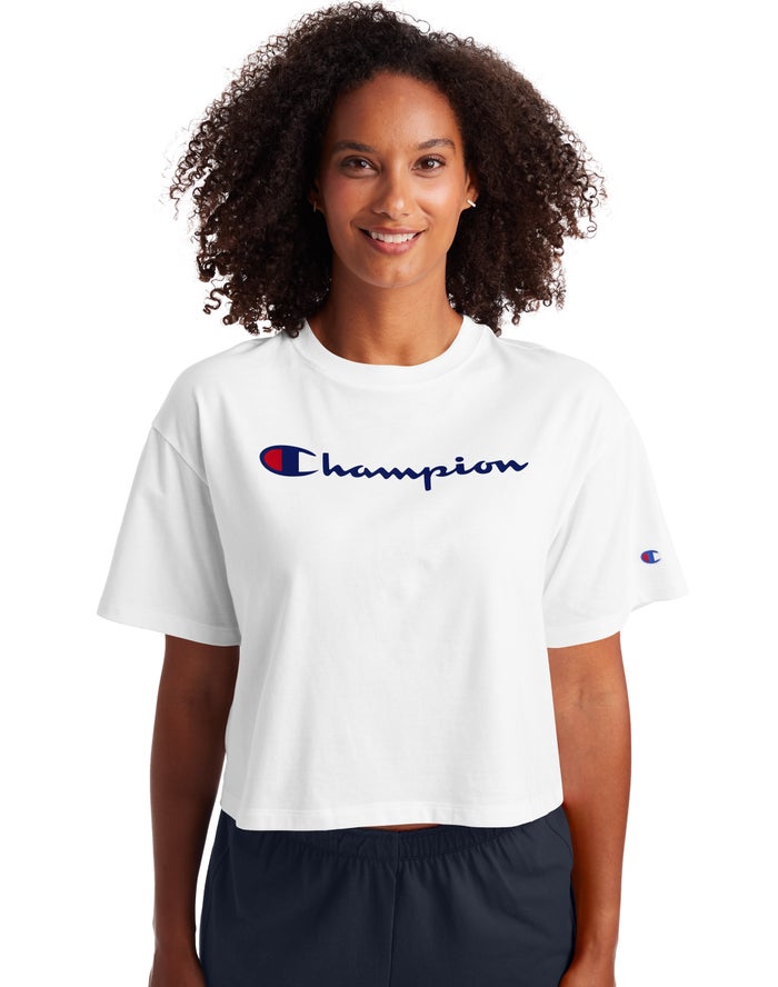 Champion Womens T-Shirt NZ - Cropped Script Logo White ( 6021-ANMCJ )